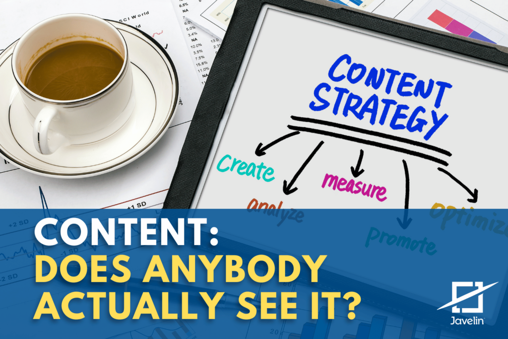 Desk with cup of coffee and iPad with Content Strategy flowchart - title at bottom reads "Content: Does Anybody Actually See It?"